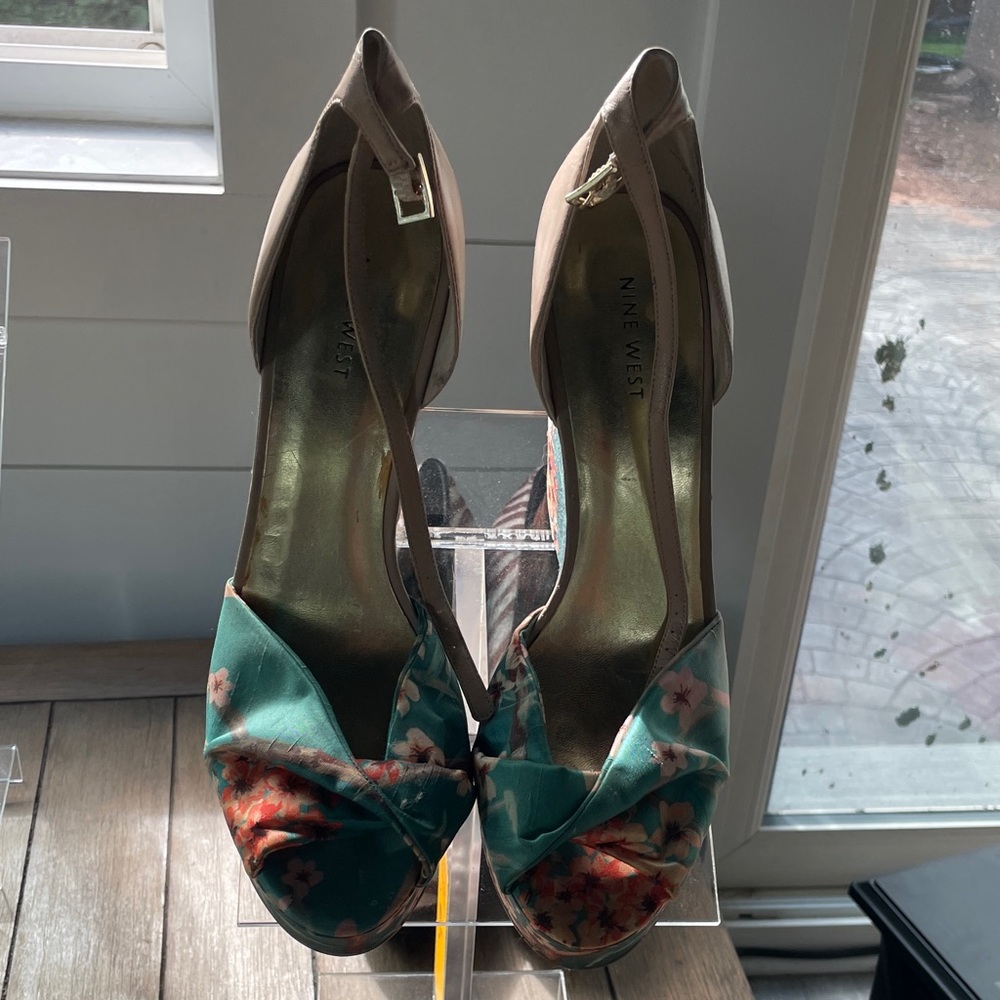Nine West Floral Peep-Toe Heels - Green and Beige